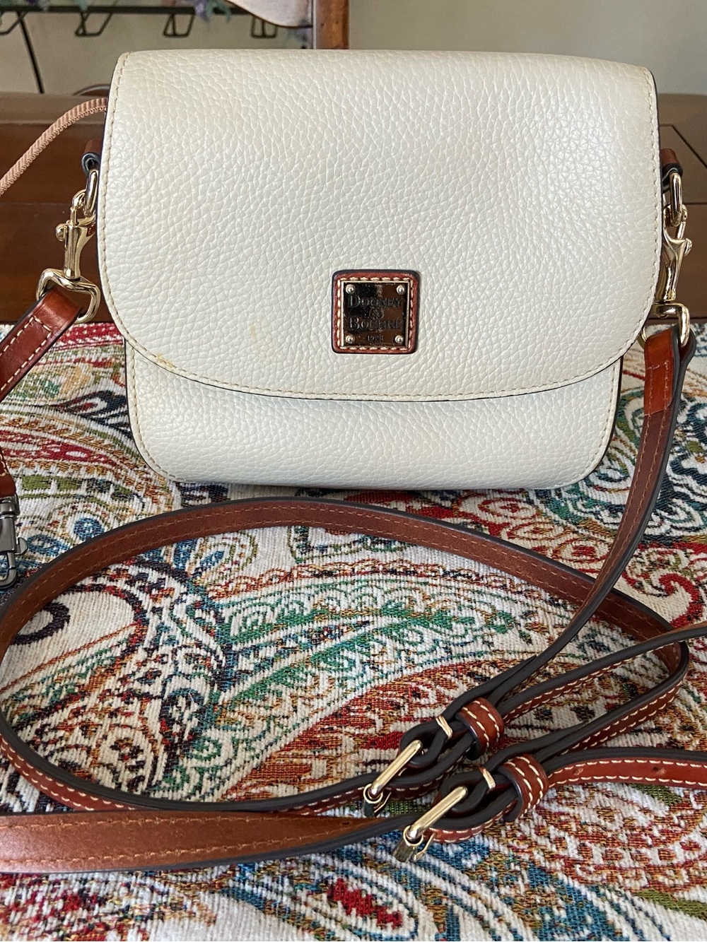 Dooney & Bourke Cream Leather Crossbody with Brown Trim and Strap